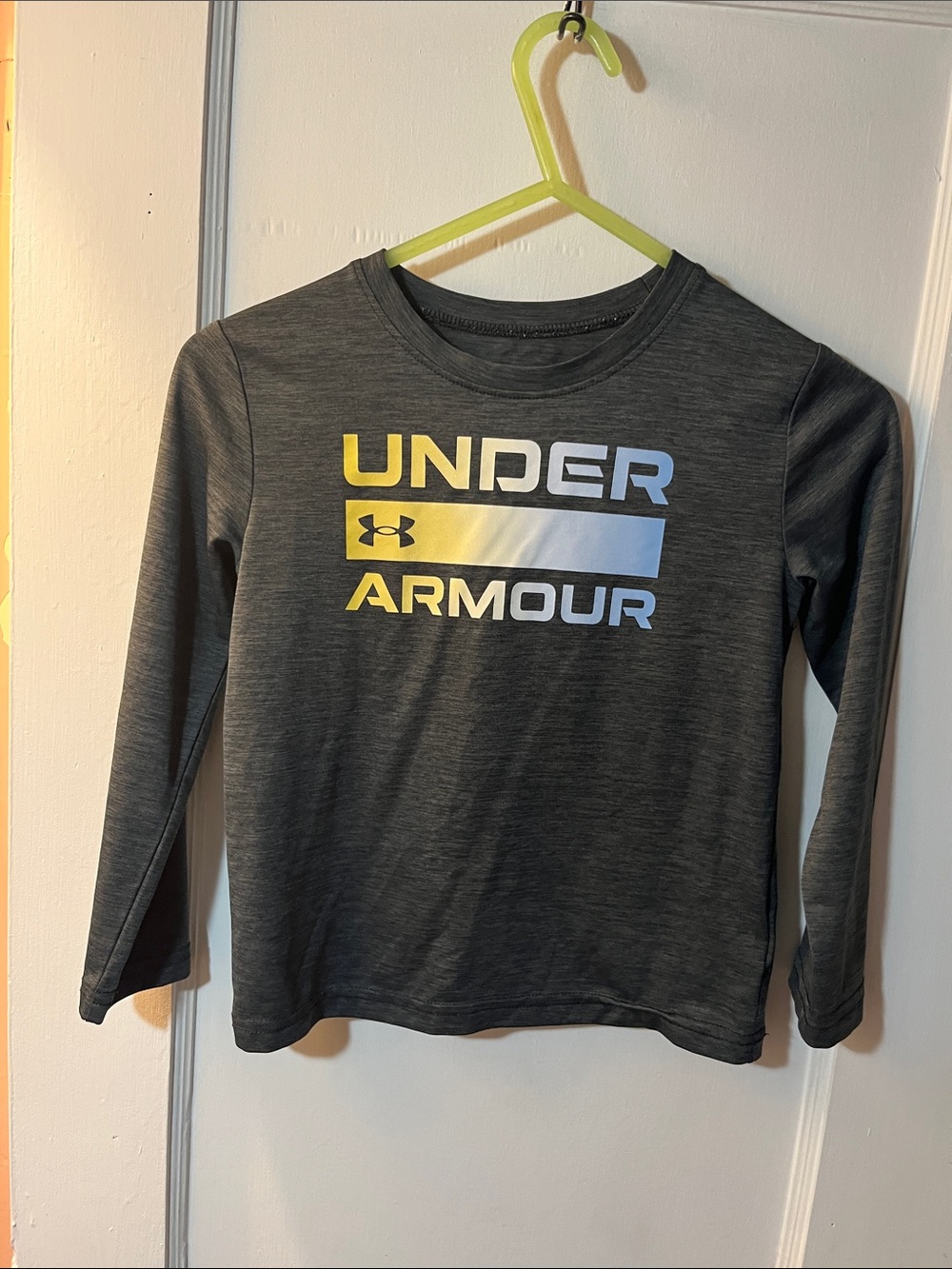 Under Armour Kids Long Sleeve Graphic Tee - Dark Gray with Yellow and Blue Logo